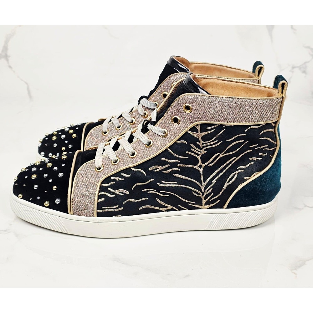 Christian Louboutin High Top Milkylou Sneakers Studded Blck Gold Suede Size 11.5 - Picture 3 of 11